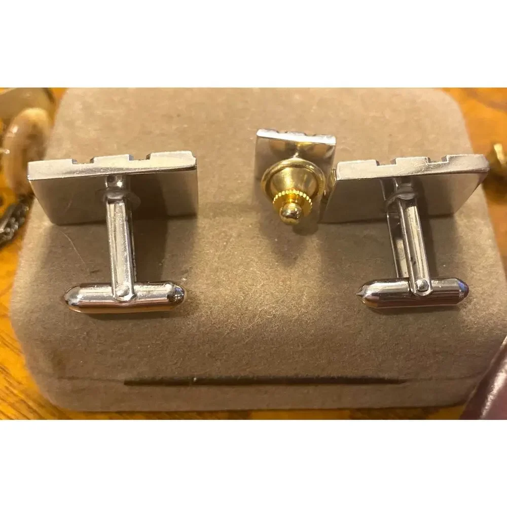 VTG Silver Tone Cufflinks, Intricate Cross Bar Design